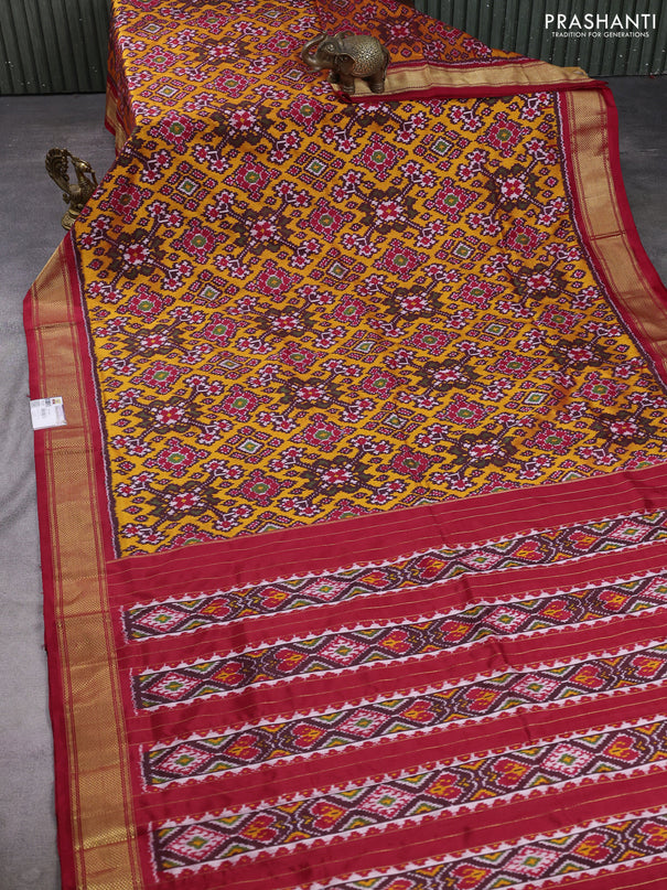 Pochampally silk saree mustard yellow and red with allover ikat weaves and zari woven border