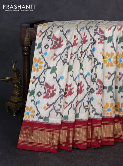 Pochampally silk saree cream and red with allover ikat weaves and zari woven border