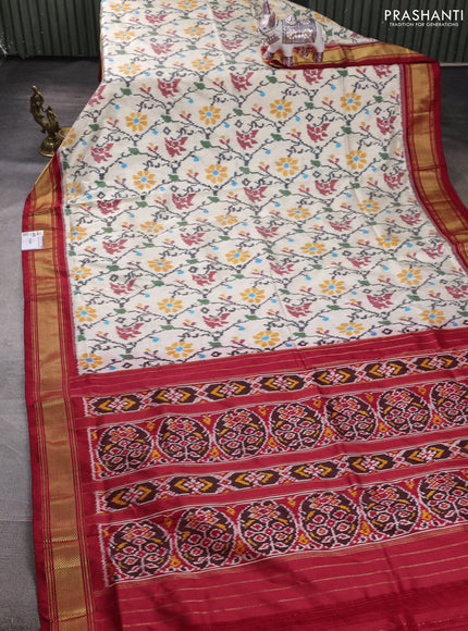 Pochampally silk saree cream and red with allover ikat weaves and zari woven border
