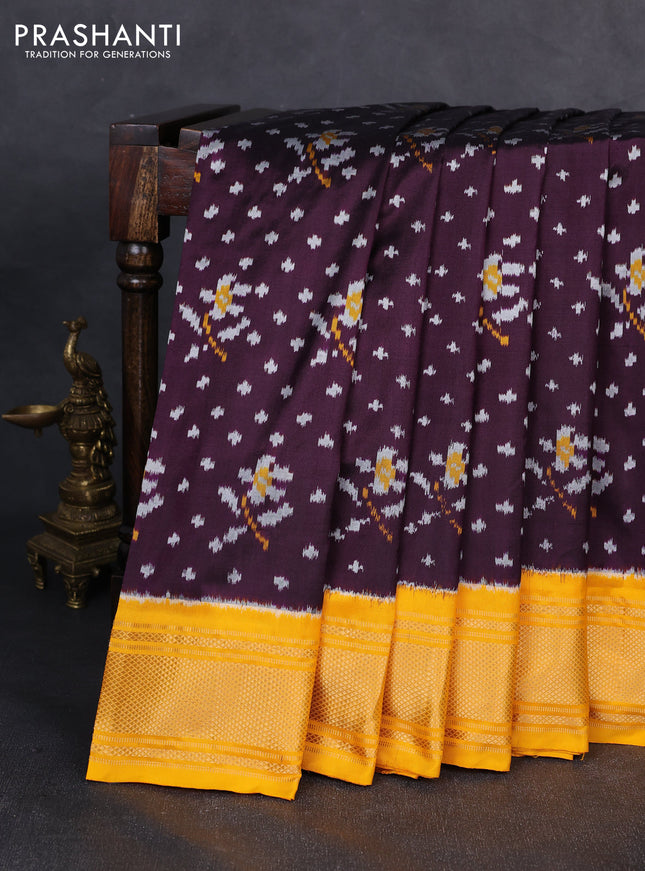 Pochampally silk saree deep purple and mustard yellow with allover ikat weaves and zari woven border