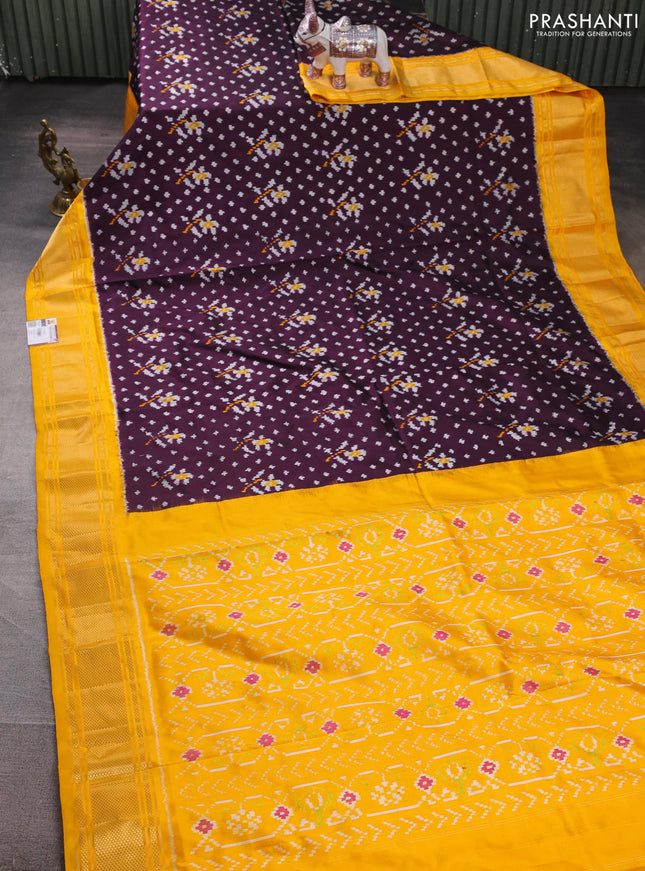 Pochampally silk saree deep purple and mustard yellow with allover ikat weaves and zari woven border