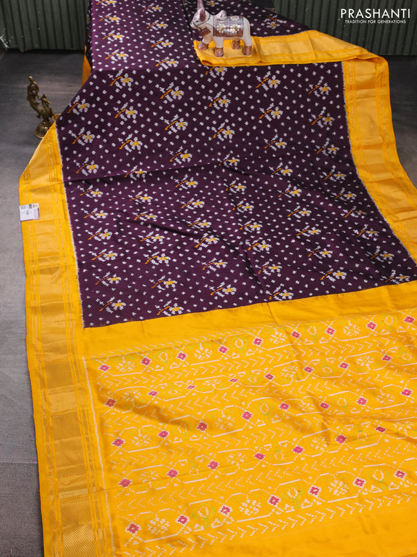 Pochampally silk saree deep purple and mustard yellow with allover ikat weaves and zari woven border