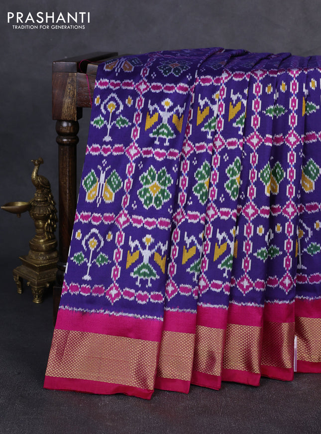 Pochampally silk saree blue and pink with allover ikat weaves and zari woven border