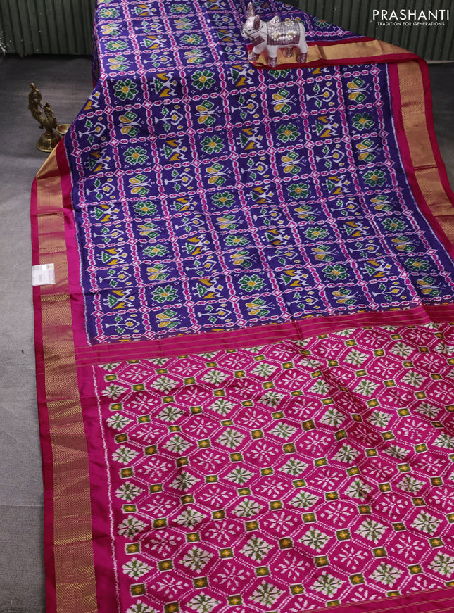Pochampally silk saree blue and pink with allover ikat weaves and zari woven border