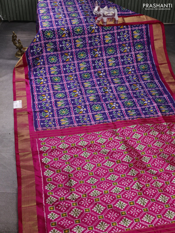 Pochampally silk saree blue and pink with allover ikat weaves and zari woven border
