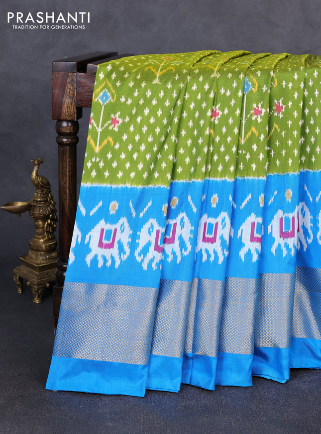 Pochampally silk saree lime green and blue with allover ikat weaves and zari woven border