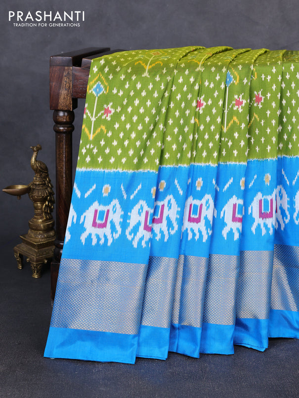 Pochampally silk saree lime green and blue with allover ikat weaves and zari woven border