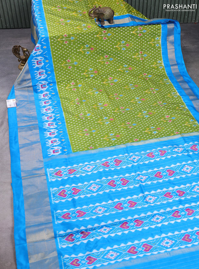 Pochampally silk saree lime green and blue with allover ikat weaves and zari woven border