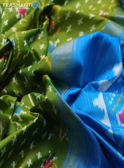 Pochampally silk saree lime green and blue with allover ikat weaves and zari woven border