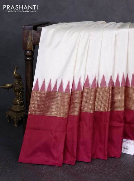 Pochampally silk saree cream and red with plain body and ikat zari woven simple border