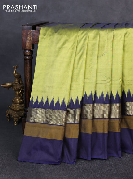 Pochampally silk saree lime green and navy blue with plain body and ikat zari woven simple border