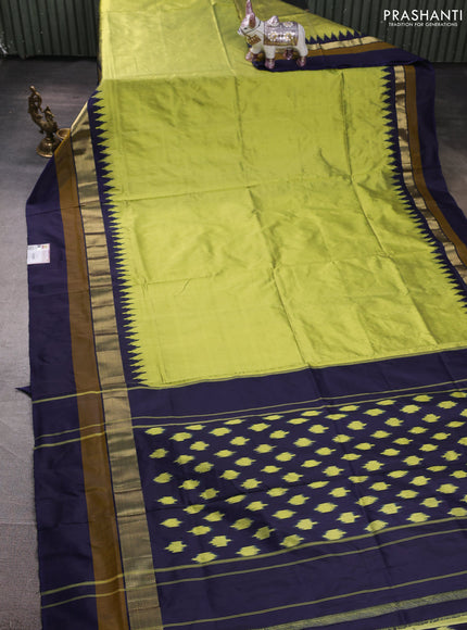 Pochampally silk saree lime green and navy blue with plain body and ikat zari woven simple border