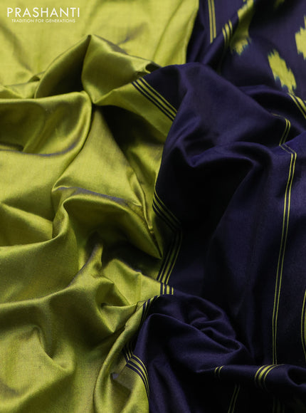Pochampally silk saree lime green and navy blue with plain body and ikat zari woven simple border