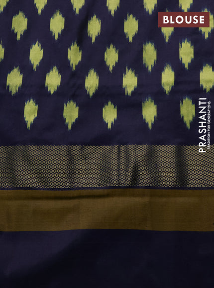 Pochampally silk saree lime green and navy blue with plain body and ikat zari woven simple border