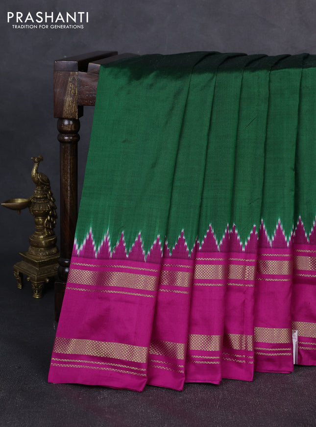 Pochampally silk saree green and pink with plain body and ikat rettapet zari woven border