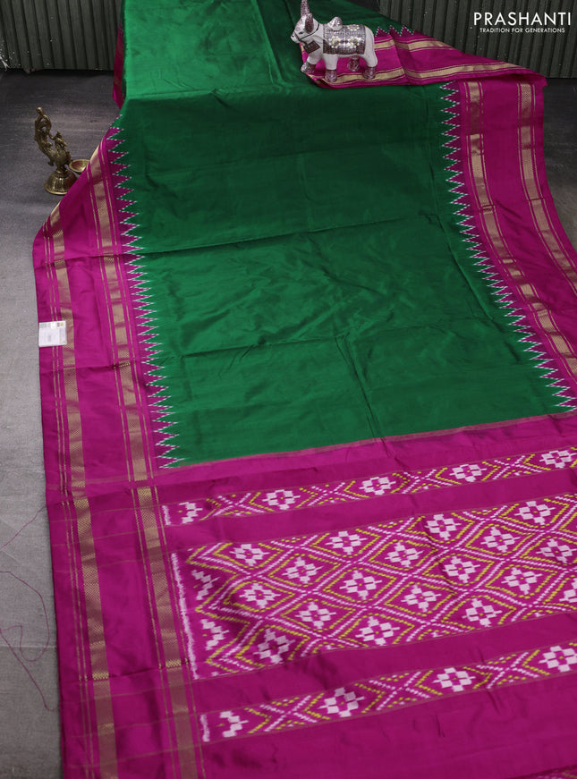 Pochampally silk saree green and pink with plain body and ikat rettapet zari woven border