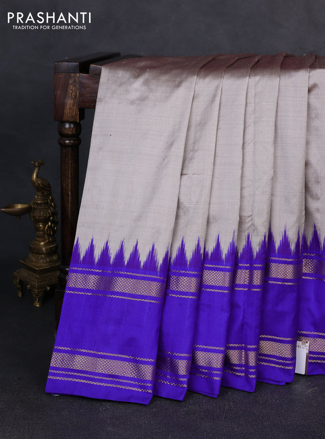 Pochampally silk saree grey and royal blue with plain body and ikat rettapet zari woven border