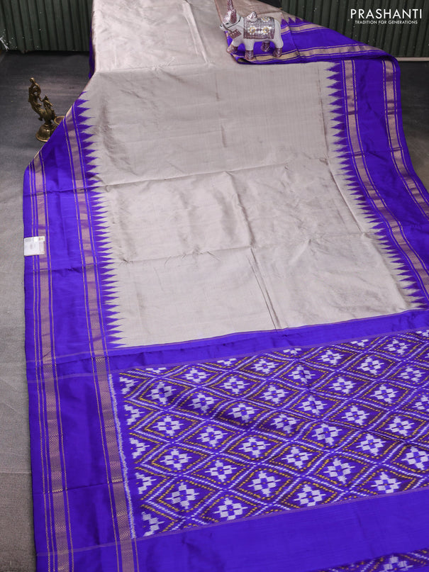 Pochampally silk saree grey and royal blue with plain body and ikat rettapet zari woven border