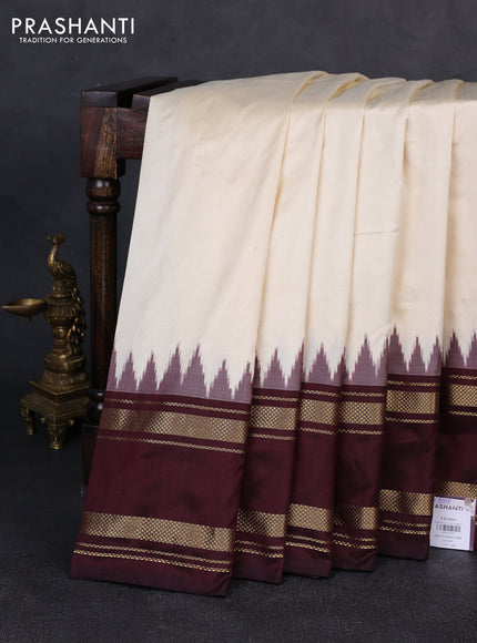 Pochampally silk saree cream and coffee brown with plain body and ikat rettapet zari woven border