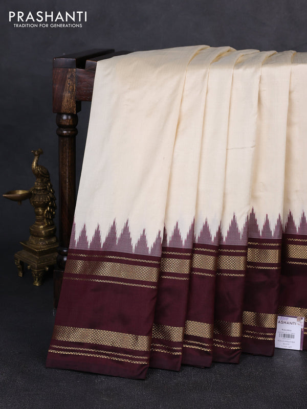 Pochampally silk saree cream and coffee brown with plain body and ikat rettapet zari woven border