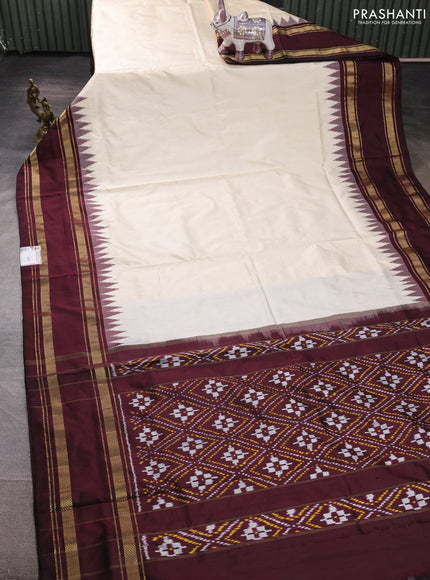 Pochampally silk saree cream and coffee brown with plain body and ikat rettapet zari woven border