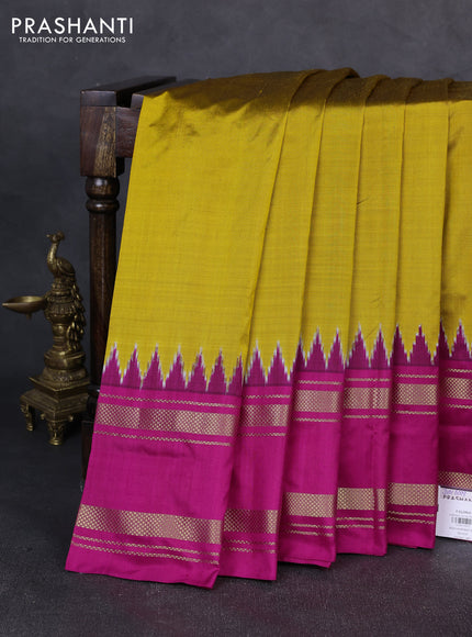 Pochampally silk saree mustard yellow and pink with plain body and ikat rettapet zari woven border