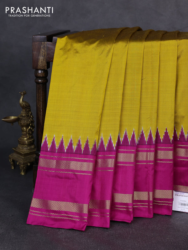 Pochampally silk saree mustard yellow and pink with plain body and ikat rettapet zari woven border