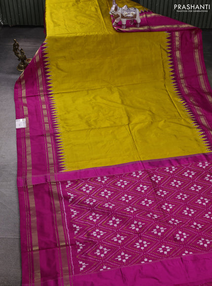 Pochampally silk saree mustard yellow and pink with plain body and ikat rettapet zari woven border