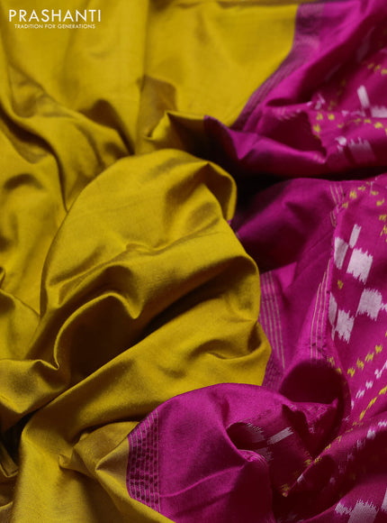Pochampally silk saree mustard yellow and pink with plain body and ikat rettapet zari woven border