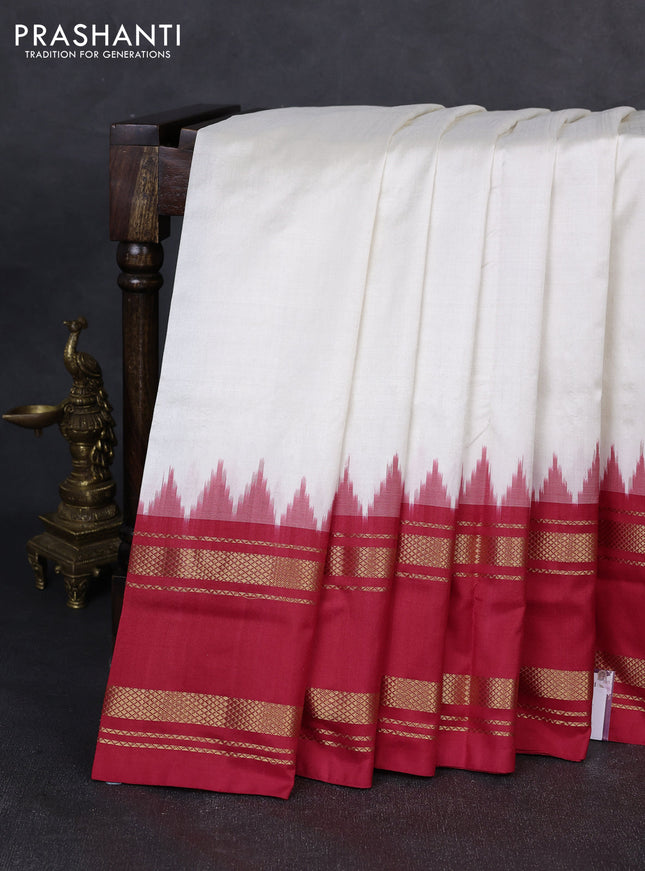 Pochampally silk saree off white and red with plain body and ikat rettapet zari woven border