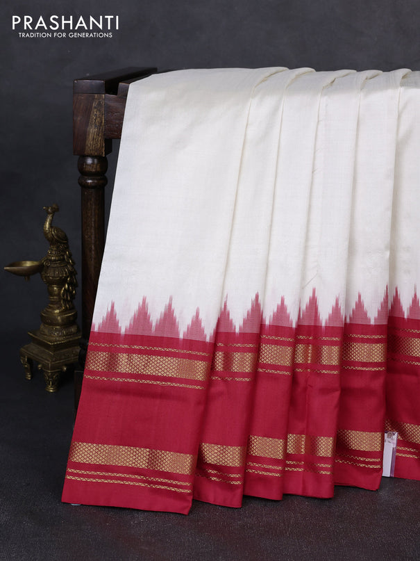 Pochampally silk saree off white and red with plain body and ikat rettapet zari woven border