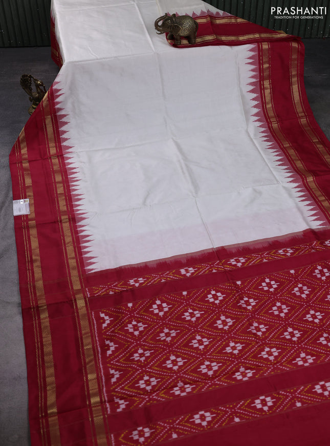 Pochampally silk saree off white and red with plain body and ikat rettapet zari woven border