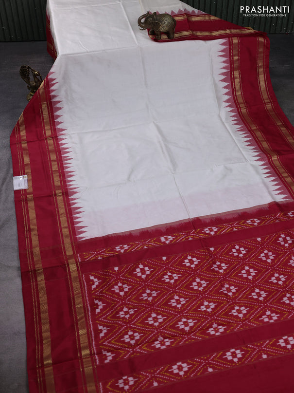 Pochampally silk saree off white and red with plain body and ikat rettapet zari woven border