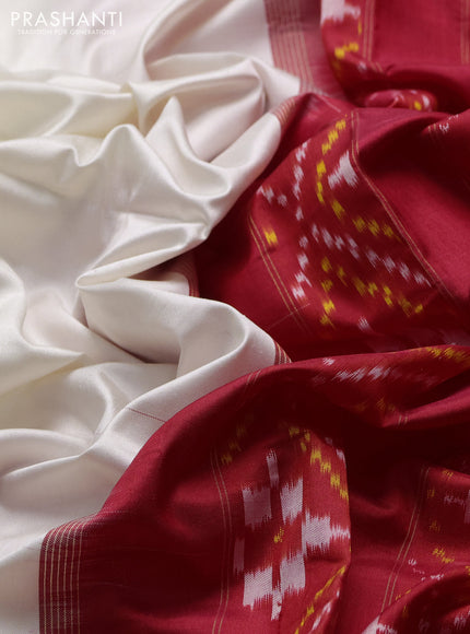 Pochampally silk saree off white and red with plain body and ikat rettapet zari woven border