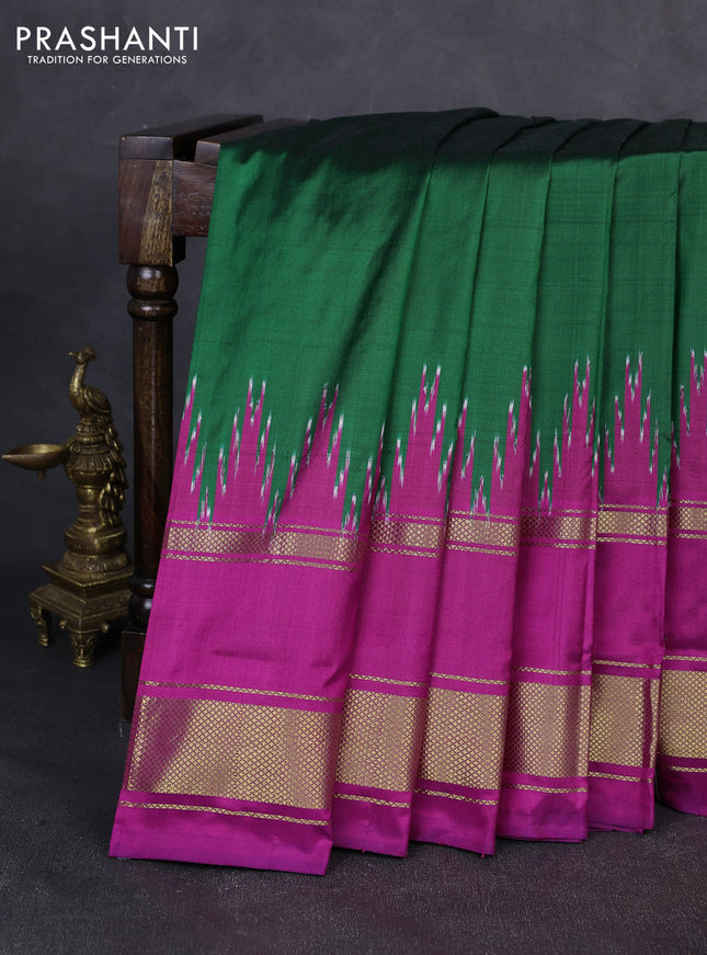 Pochampally silk saree green and pink with plain body and ikat rettapet zari woven border