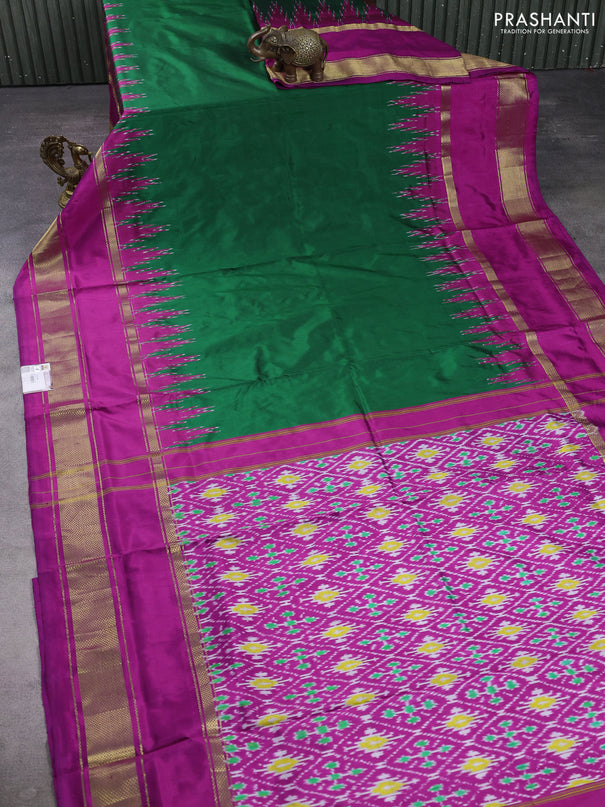 Pochampally silk saree green and pink with plain body and ikat rettapet zari woven border