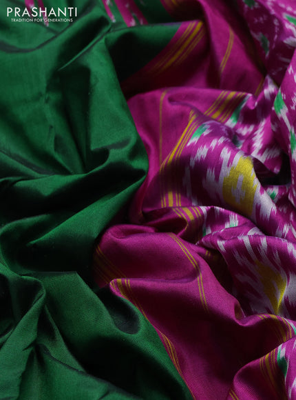 Pochampally silk saree green and pink with plain body and ikat rettapet zari woven border