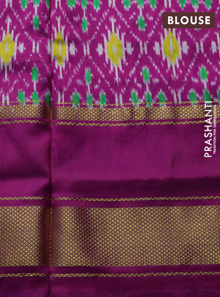 Pochampally silk saree green and pink with plain body and ikat rettapet zari woven border
