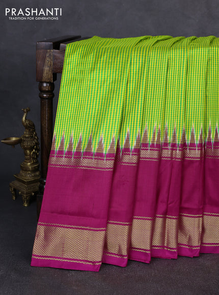 Pochampally silk saree fluorescent green and pink with allover small checked pattern and ikat rettapet zari woven border