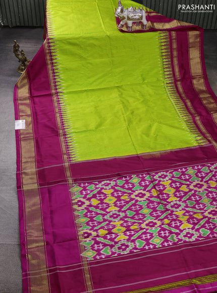Pochampally silk saree fluorescent green and pink with allover small checked pattern and ikat rettapet zari woven border