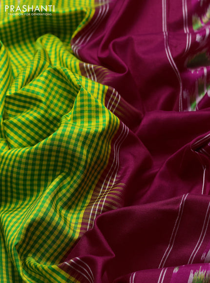Pochampally silk saree fluorescent green and pink with allover small checked pattern and ikat rettapet zari woven border
