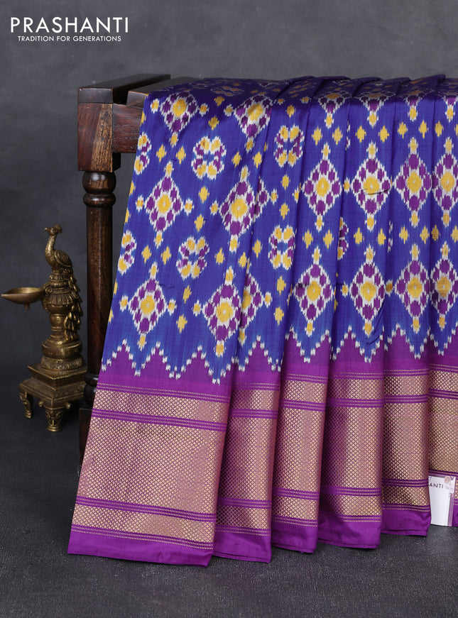 Pochampally silk saree royal blue and purple with allover ikat weaves and long zari woven border