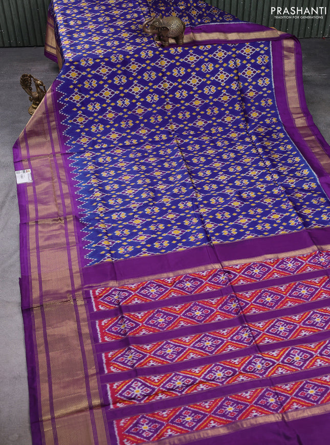 Pochampally silk saree royal blue and purple with allover ikat weaves and long zari woven border