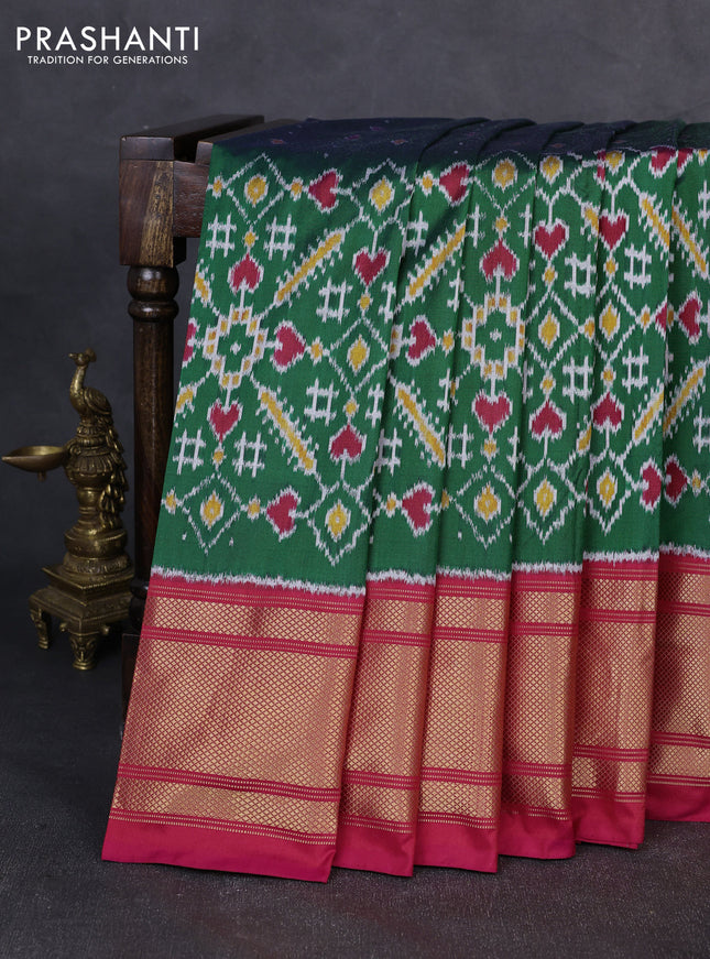 Pochampally silk saree green and red with allover ikat weaves and long zari woven border