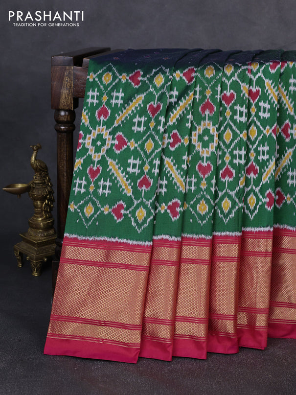Pochampally silk saree green and red with allover ikat weaves and long zari woven border