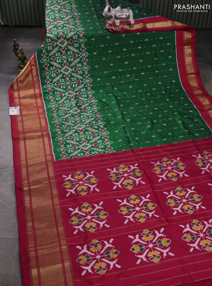 Pochampally silk saree green and red with allover ikat weaves and long zari woven border
