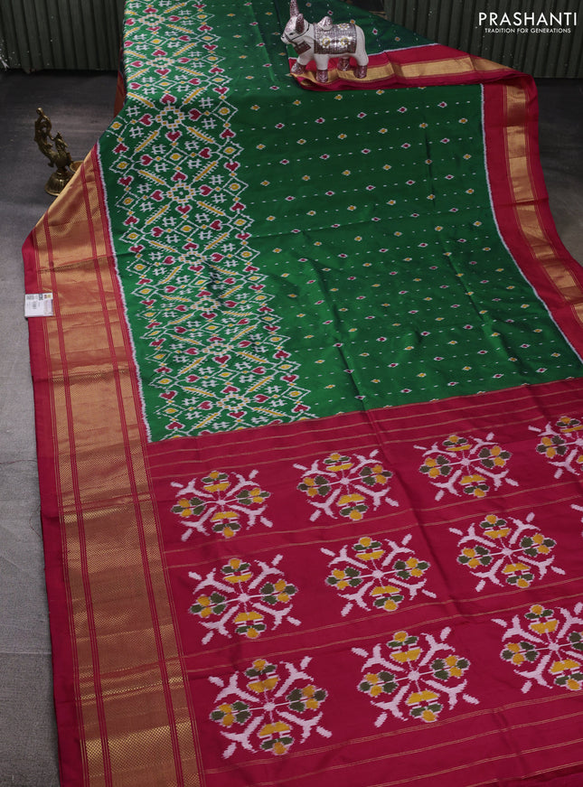 Pochampally silk saree green and red with allover ikat weaves and long zari woven border