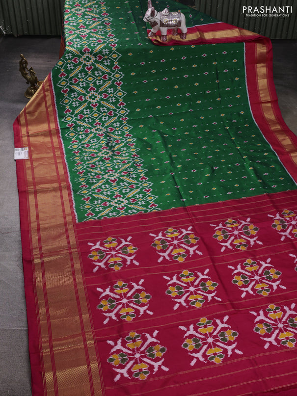 Pochampally silk saree green and red with allover ikat weaves and long zari woven border