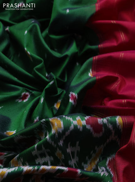 Pochampally silk saree green and red with allover ikat weaves and long zari woven border