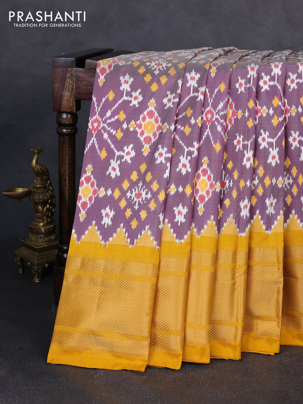 Pochampally silk saree pastel purple and mustard yellow with allover ikat weaves and long zari woven border